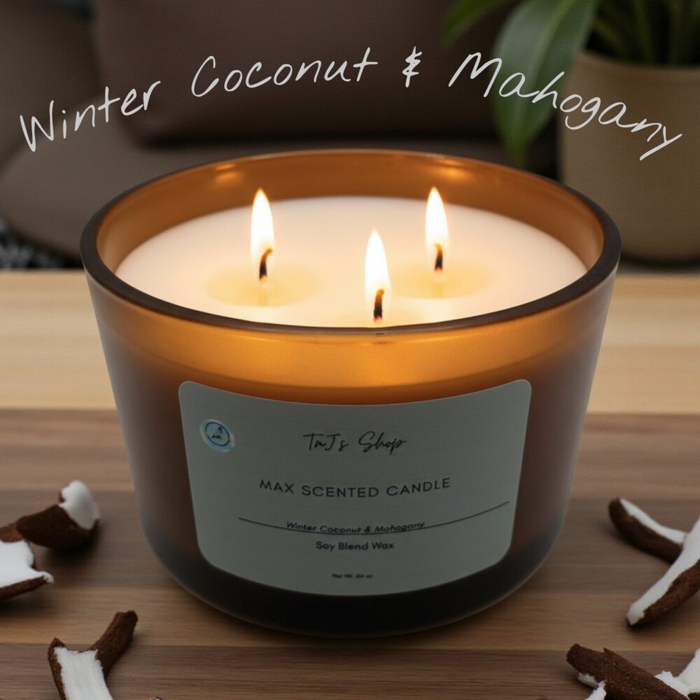 TnJ's Shop Winter Coconut & Mohogany Soy Candle – 24oz Handmade & Handpoured Jar